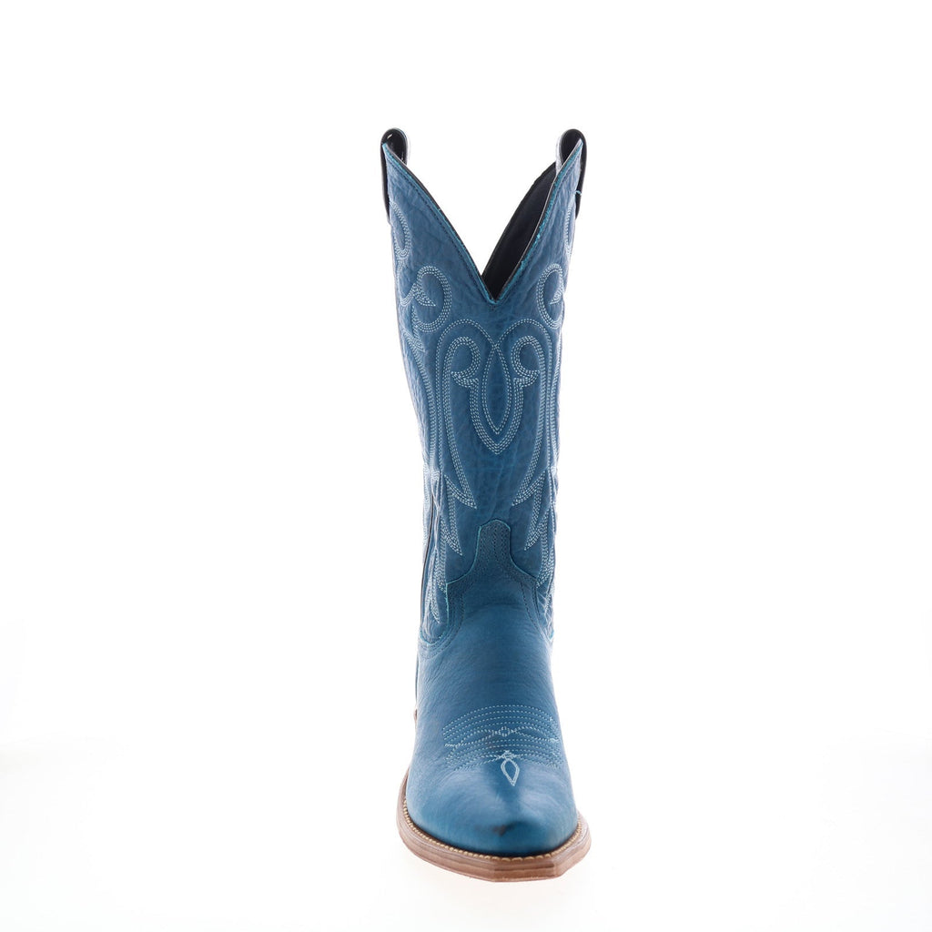 Women's blue western boots with decorative stitched motifs and low stacked heel