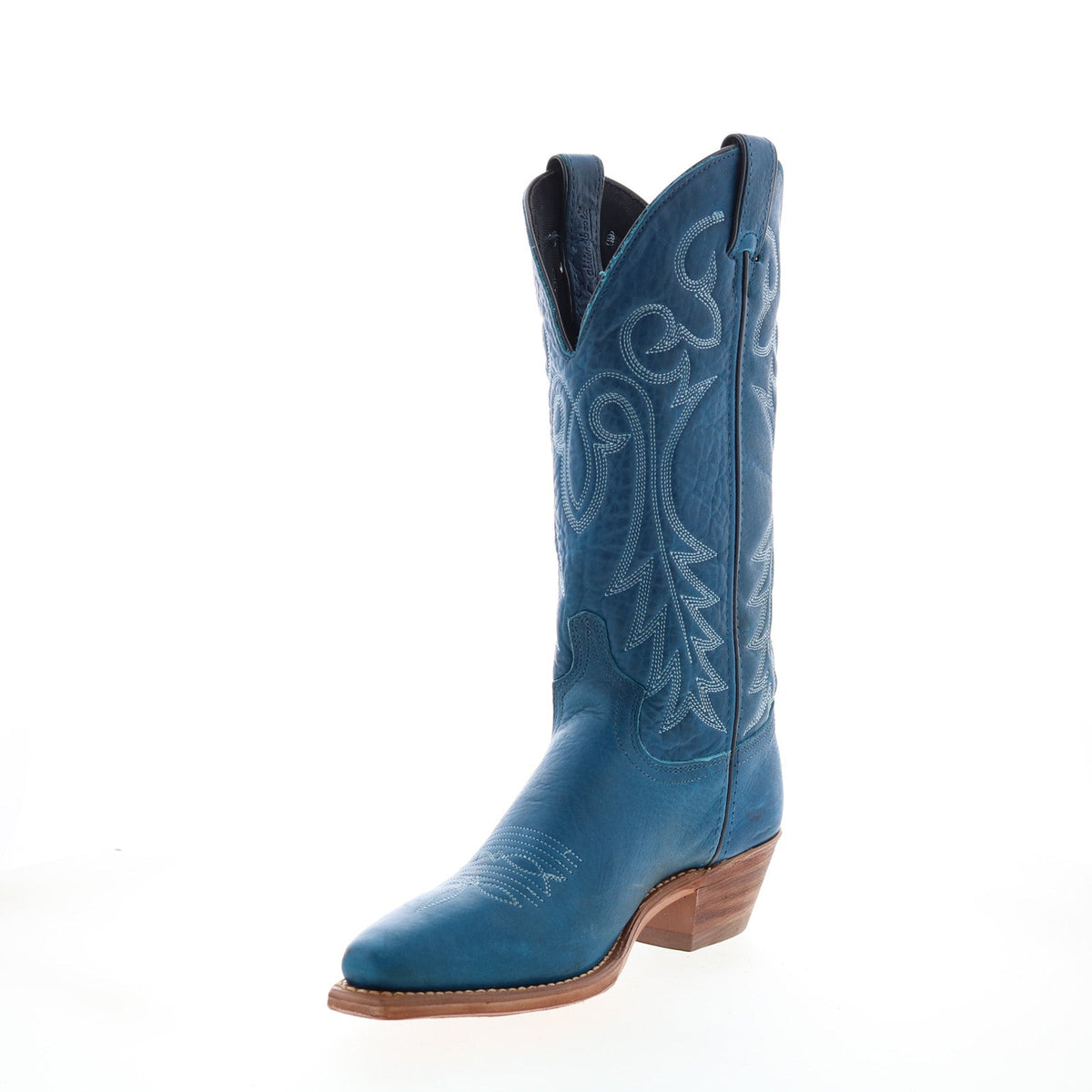 Women's blue western boots with decorative stitched motifs and low stacked heel