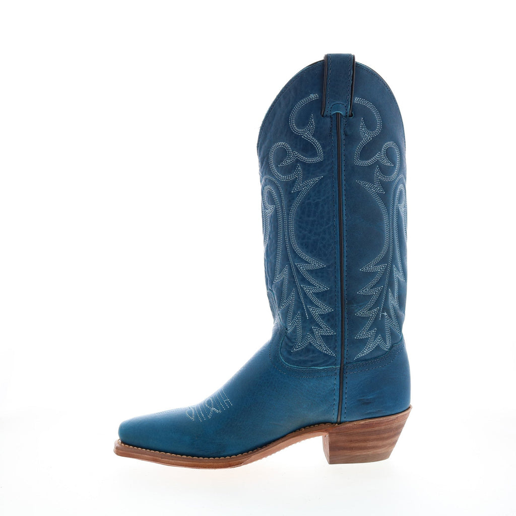Women's blue western boots with decorative stitched motifs and low stacked heel
