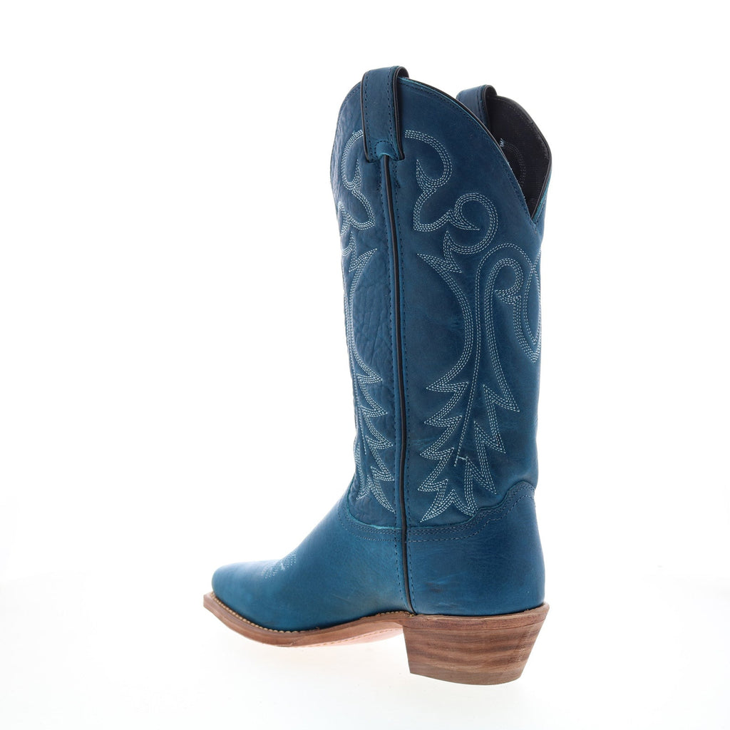 Women's blue western boots with decorative stitched motifs and low stacked heel