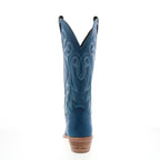 Women's blue western boots with decorative stitched motifs and low stacked heel