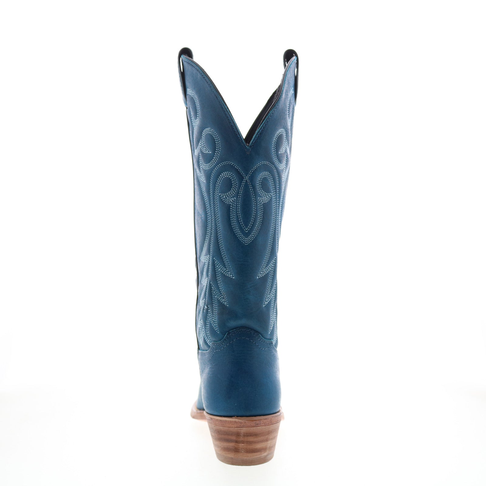 Women's blue western boots with decorative stitched motifs and low stacked heel