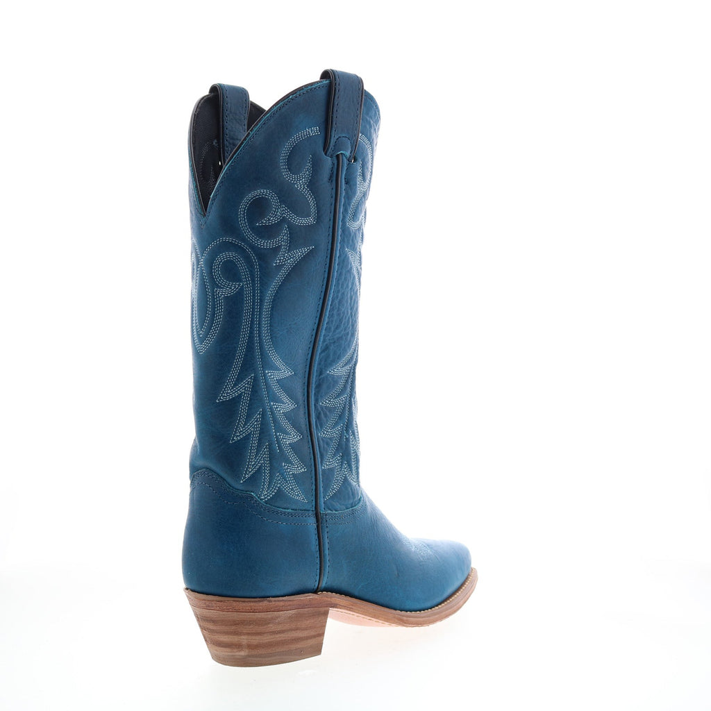 Women's blue western boots with decorative stitched motifs and low stacked heel