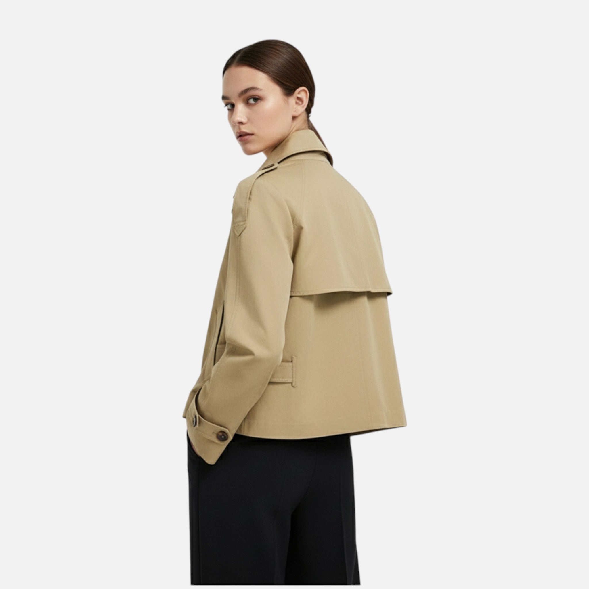 Women's short belted trench jacket with high collar and long sleeves