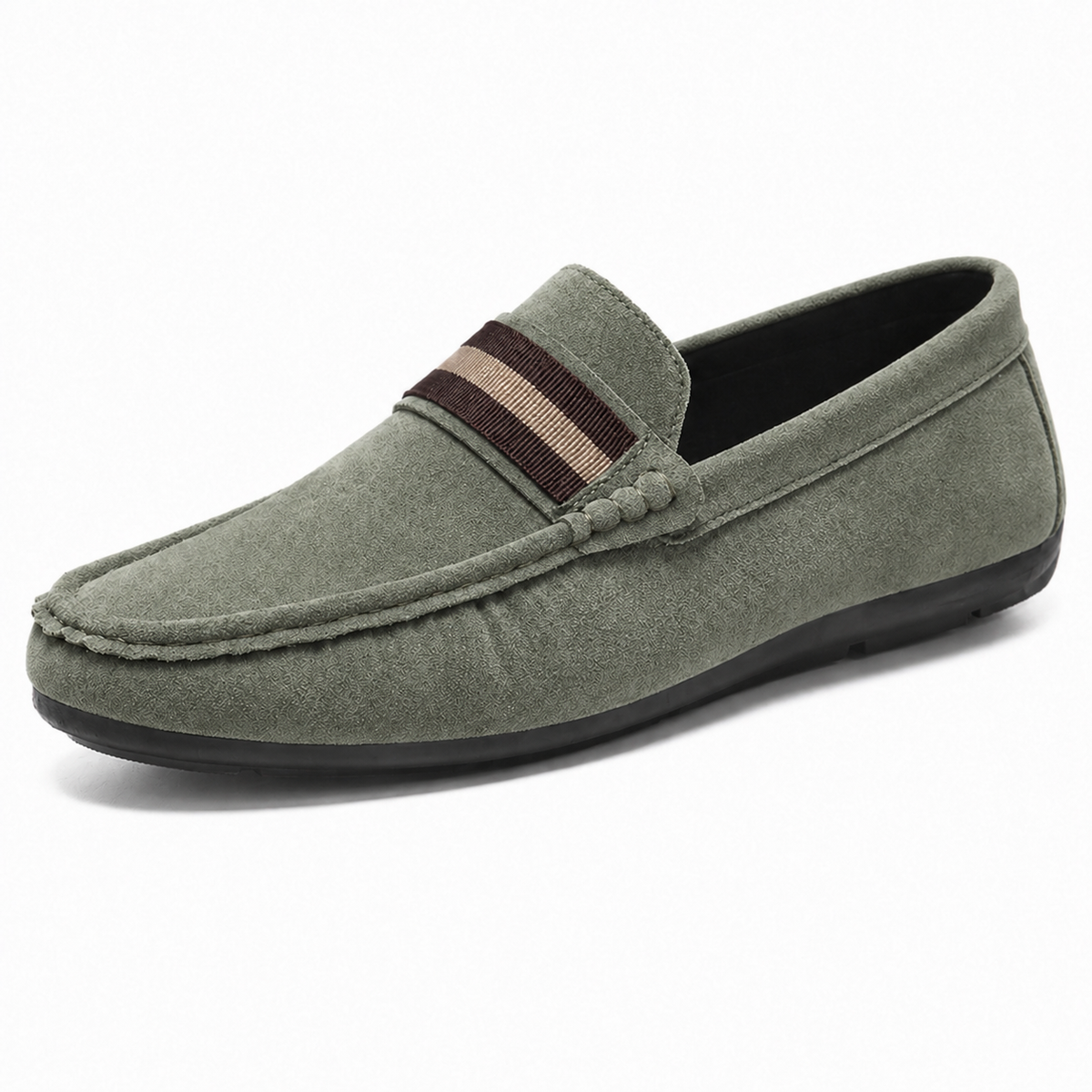 Men's moc toe loafer with striped vamp strap and flat black sole