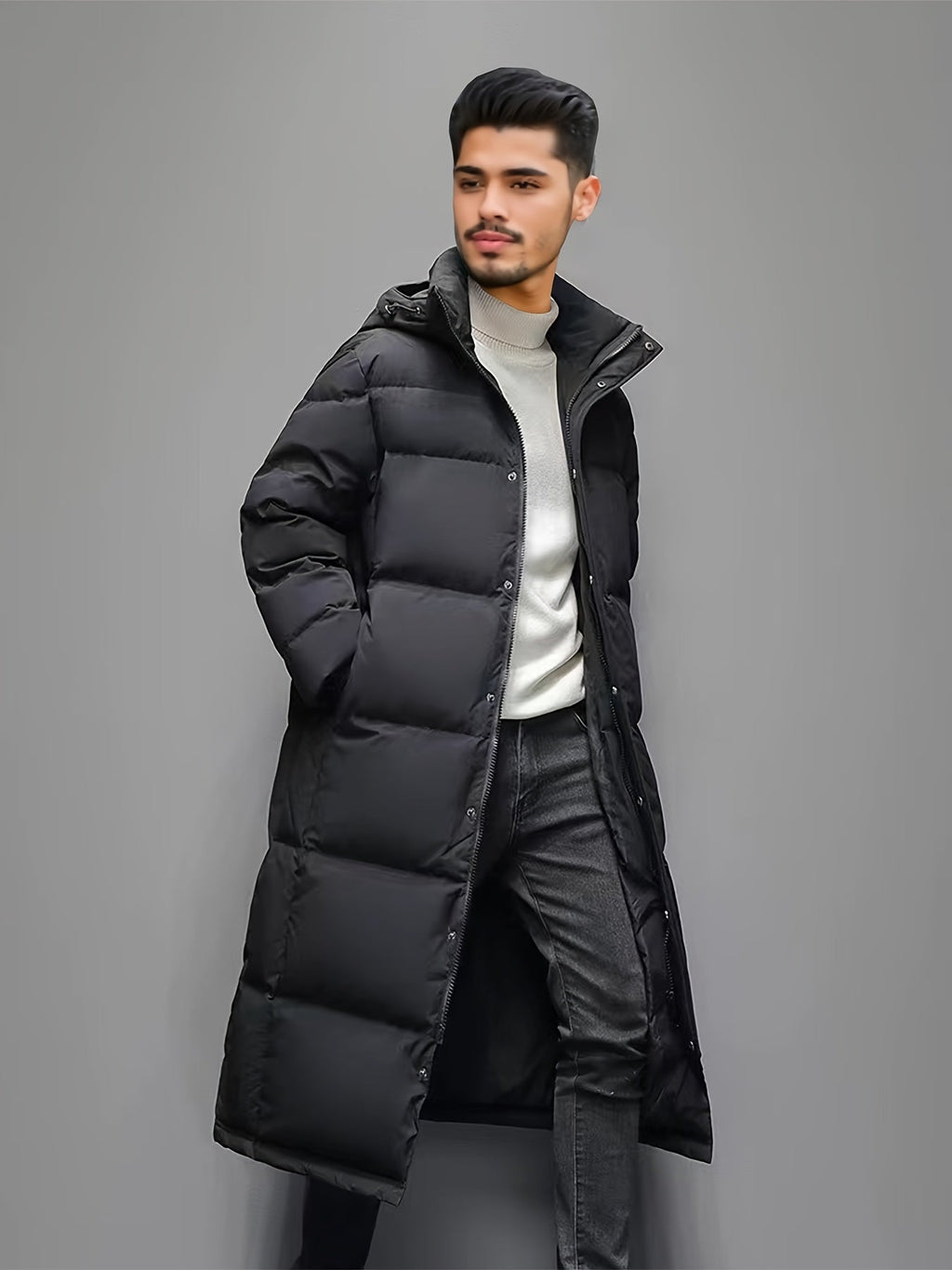 Men's black long hooded puffer coat with quilted panels and front pockets