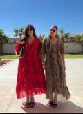 Women's red V-neck midi dress with short flutter sleeves and layered ruffles
