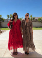 Women's red V-neck midi dress with short flutter sleeves and layered ruffles