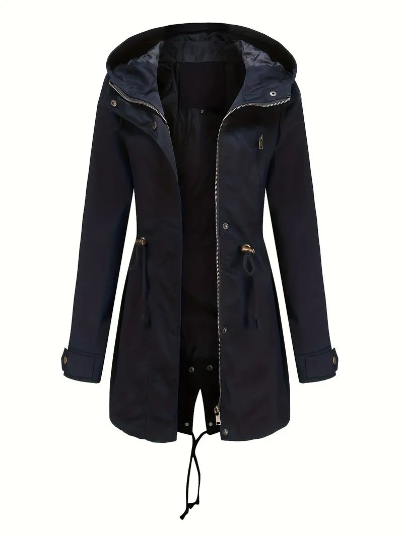 Women's hooded parka jacket with drawstring waist and long sleeves