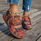 Women's multicoloured geometric patchwork lace-up sneakers with round toes and flat soles