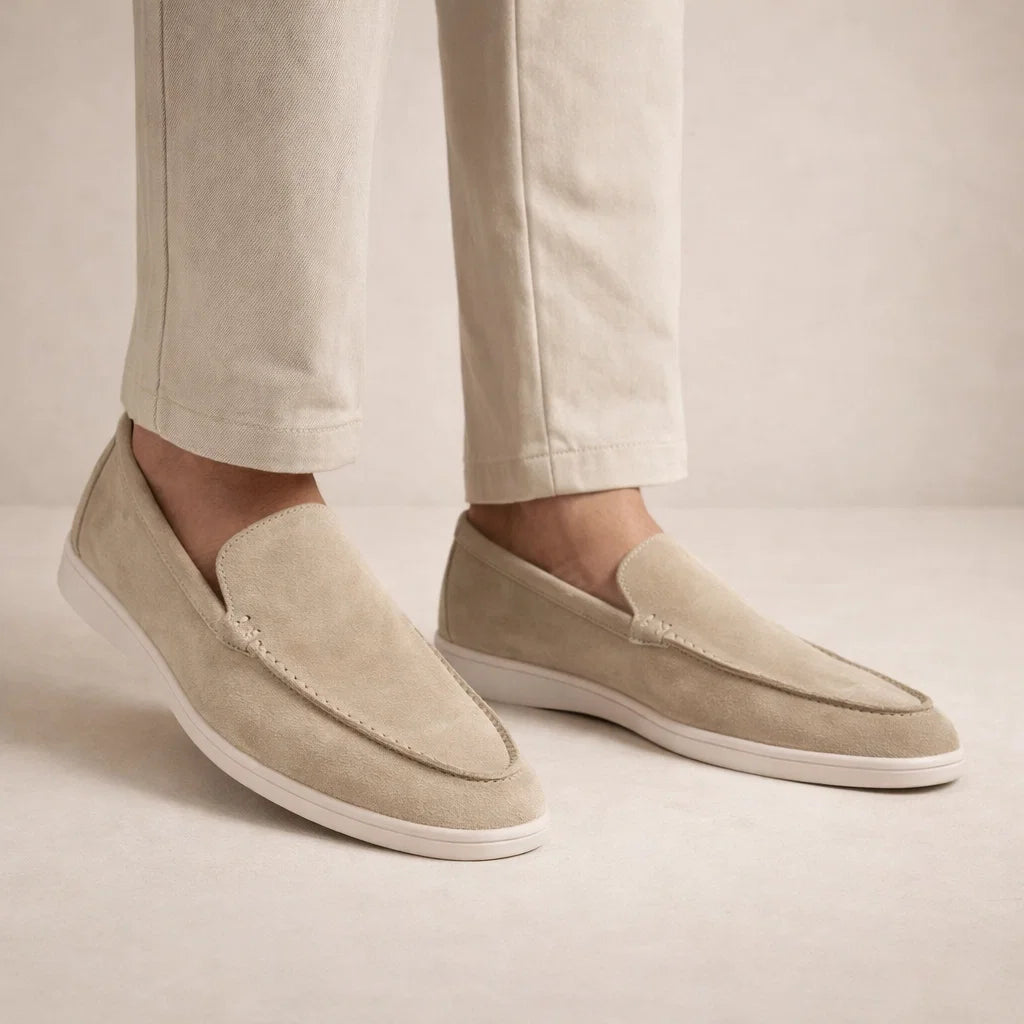 Men's textured slip-on loafers with stitched almond toes and flat soles