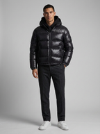 Men's hooded quilted puffer jacket shown in grey and black