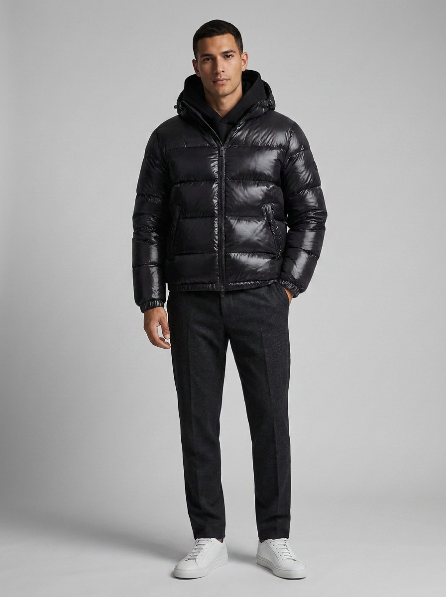 Men's hooded quilted puffer jacket shown in grey and black