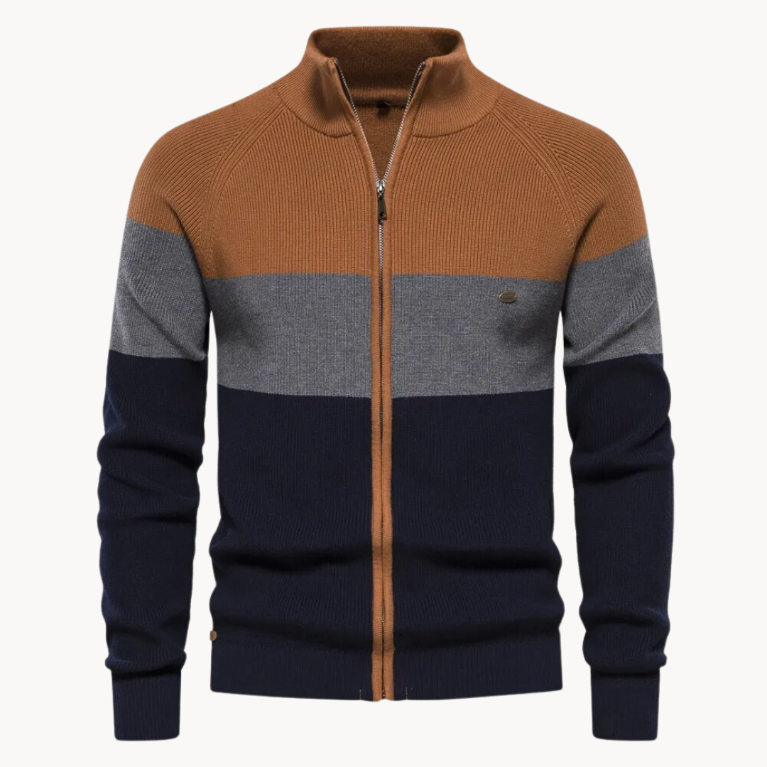 Men's colour-block striped cardigan with mock neck and front zip