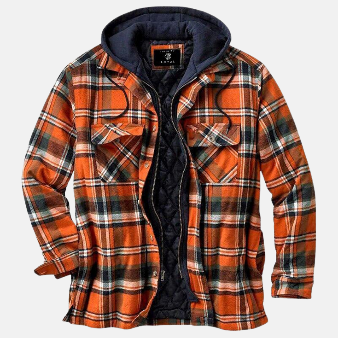 Men's checked hooded jacket with long sleeves, zip front and chest pockets