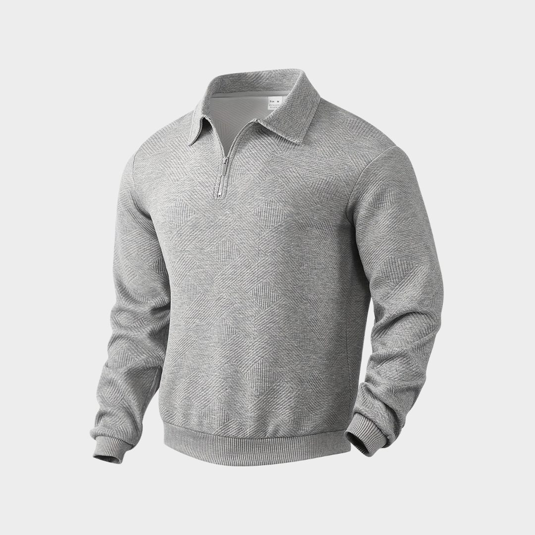 Men's textured half-zip collared jumper with long sleeves and ribbed trims