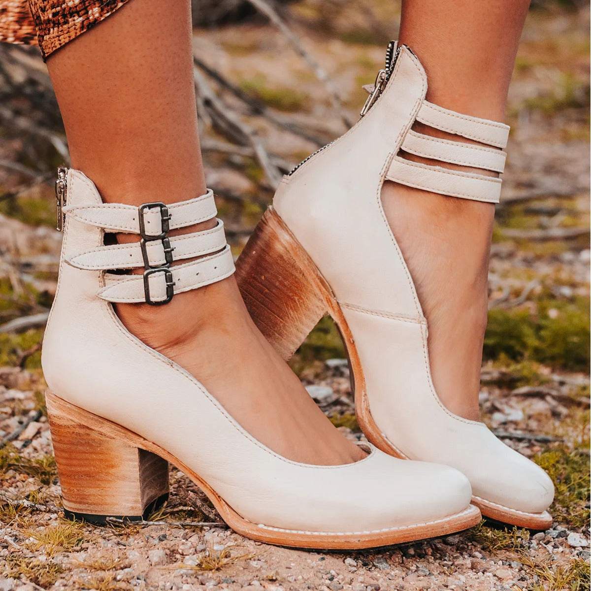 Women's closed-toe block heel shoes with multiple buckle ankle straps