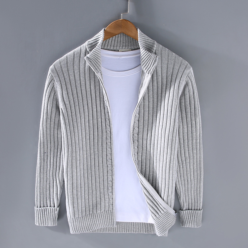 Men's ribbed zip cardigan with stand collar and long sleeves