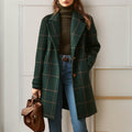 Women's long checked coat with notched lapels, buttons and front pockets