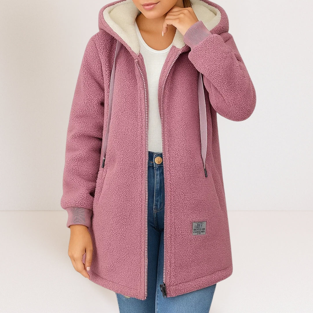 Women's longline hooded fleece jacket with full zip and front pockets