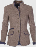 Women's tailored button-front cardigan with stand collar, long sleeves and flap pockets