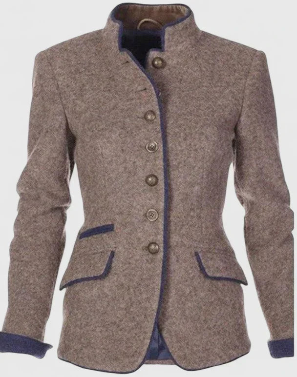 Women's tailored button-front cardigan with stand collar, long sleeves and flap pockets