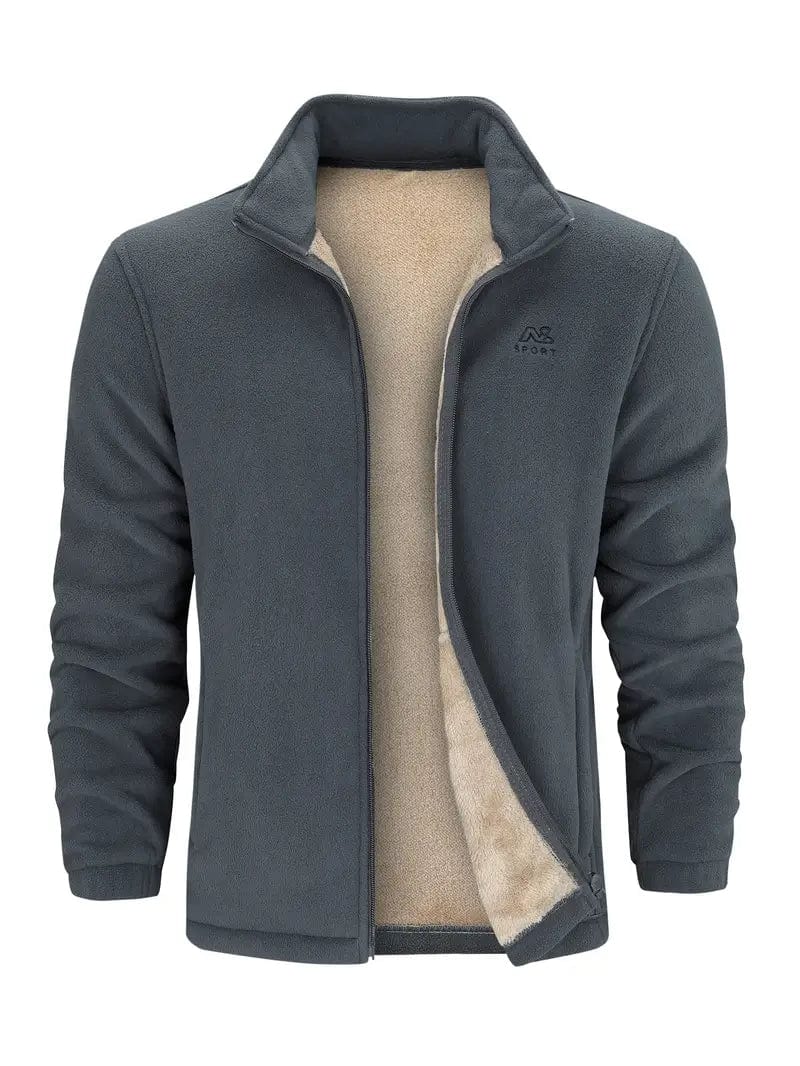 Men's fleece jacket with stand collar, long sleeves and full zip front