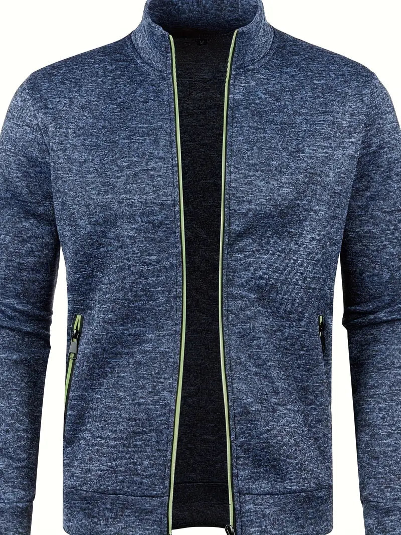 Men's full-zip cardigan with stand collar, long sleeves and zipped side pockets