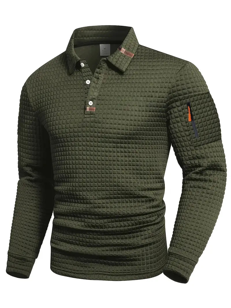 Men's textured long-sleeve polo sweater with button placket and sleeve zip pocket