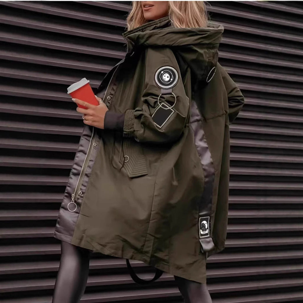 Women's olive green hooded mid-length parka coat with zip front and ribbed cuffs