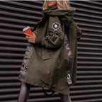 Women's olive green hooded mid-length parka coat with zip front and ribbed cuffs