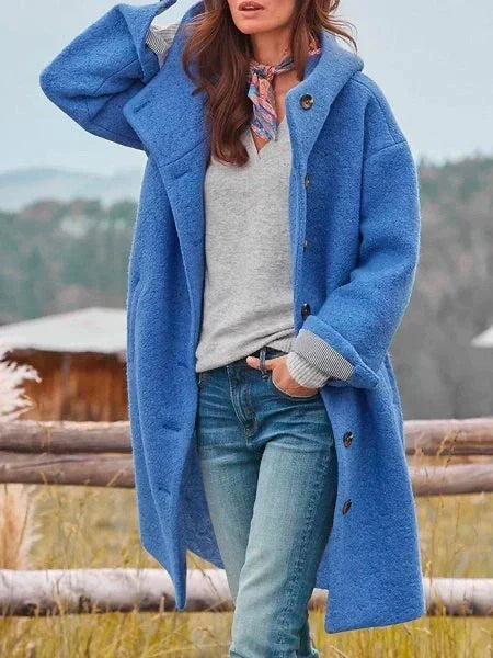 Women's longline hooded coat with button front and striped turn-back cuffs