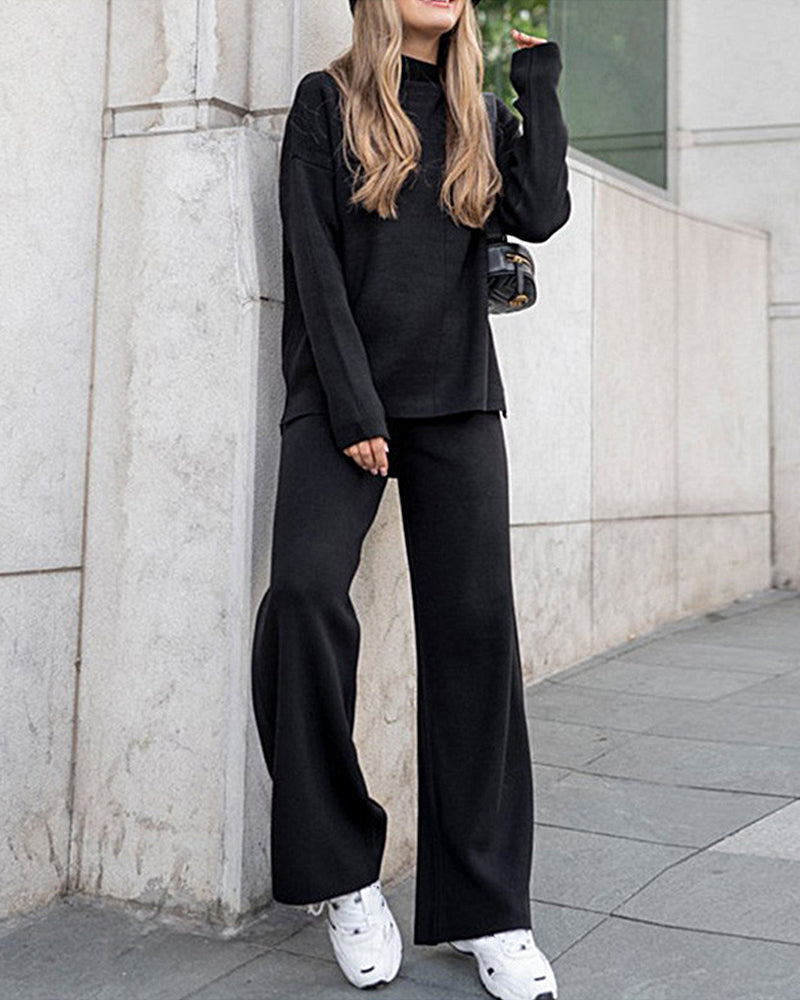Women's knitted turtleneck top and wide-leg trousers set