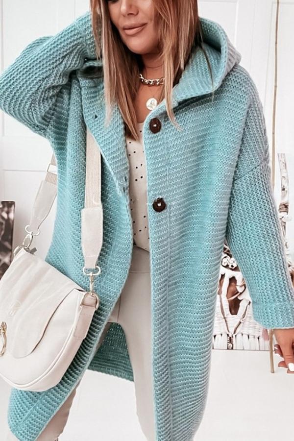 Women's longline hooded cardigan with button front and textured knit finish