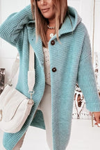 Women's longline hooded cardigan with button front and textured knit finish