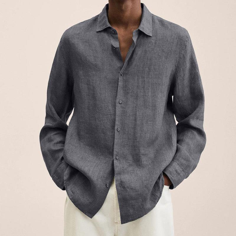 Men's plain long-sleeve collared shirt with button front and curved hem
