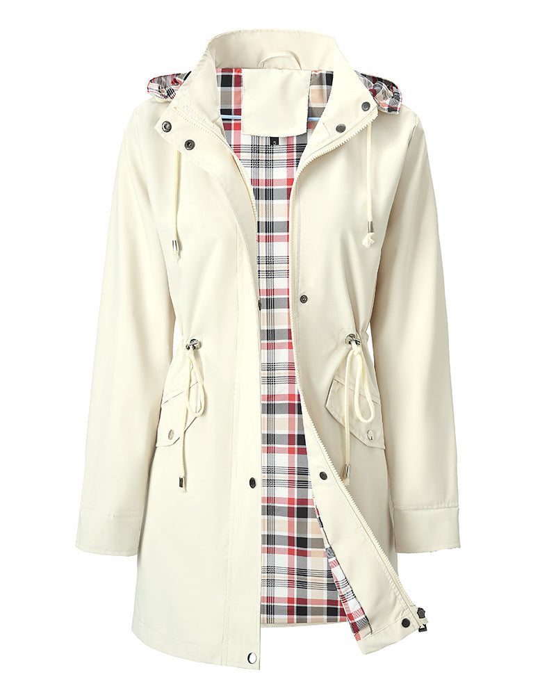 Women's long hooded trench coat with contrasting checked plaid lining