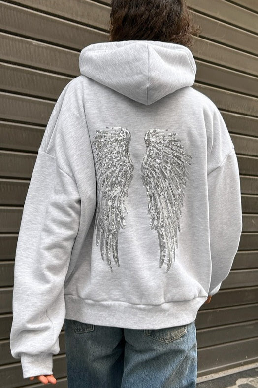 Relaxed hooded sweatshirt with sequin wing graphic on the back