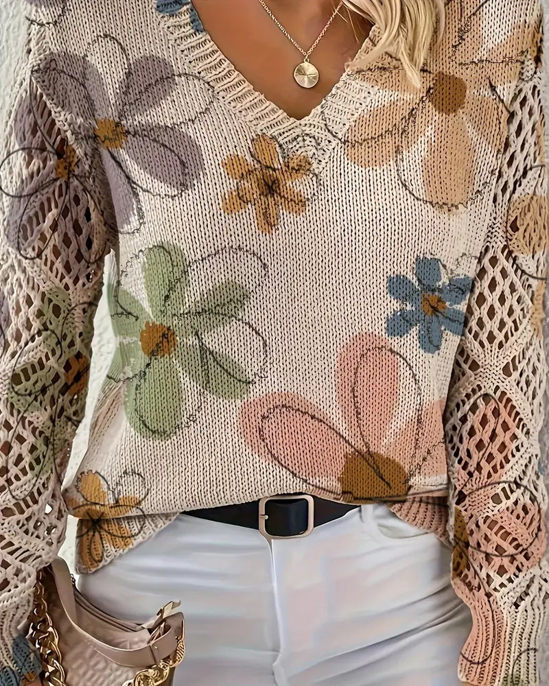 Women's multicoloured floral V-neck openwork knit sweater with long sleeves