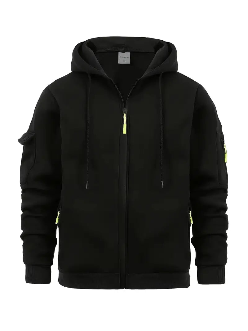 Men's full-zip hooded sweatshirt with long sleeves and utility pockets
