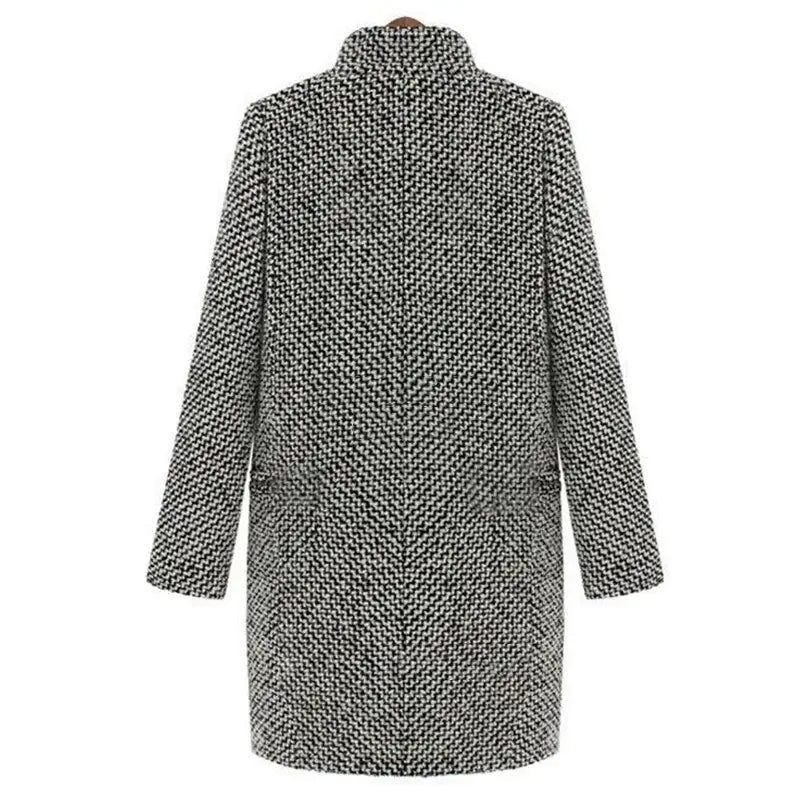 Women's long black and white herringbone coat with notched collar and button fastening