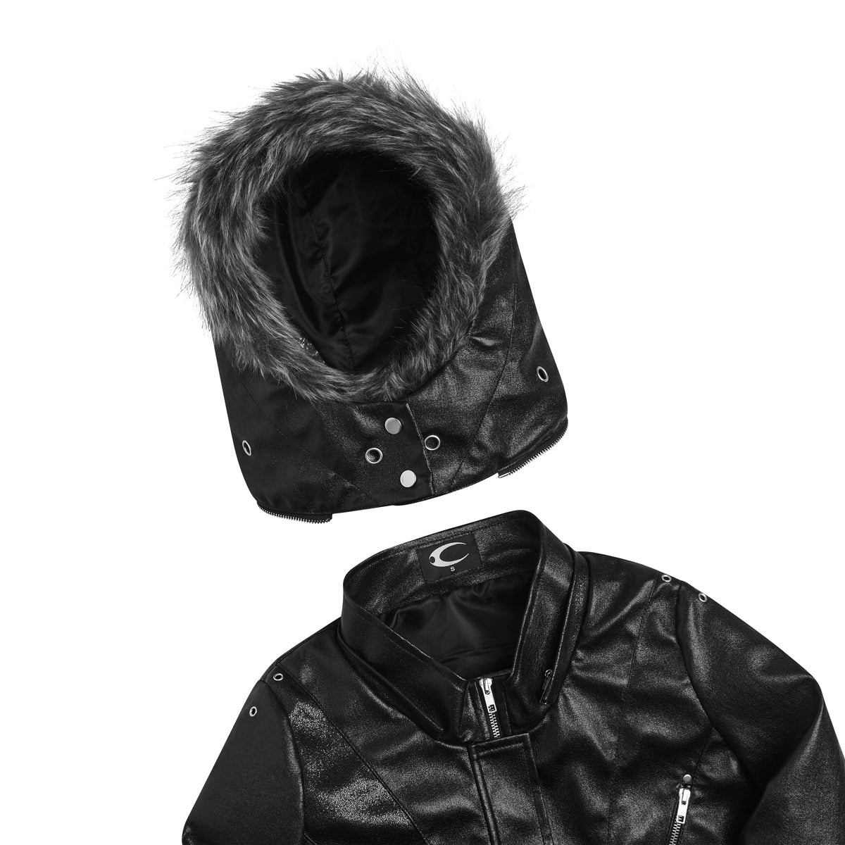 Black men's hooded jacket with textured trim, zipped front and multiple pockets