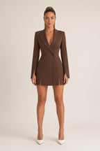 Women's double-breasted blazer mini dress with long sleeves and notched lapels