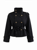 Women's black cropped trench jacket with high collar, buttons and tie belt