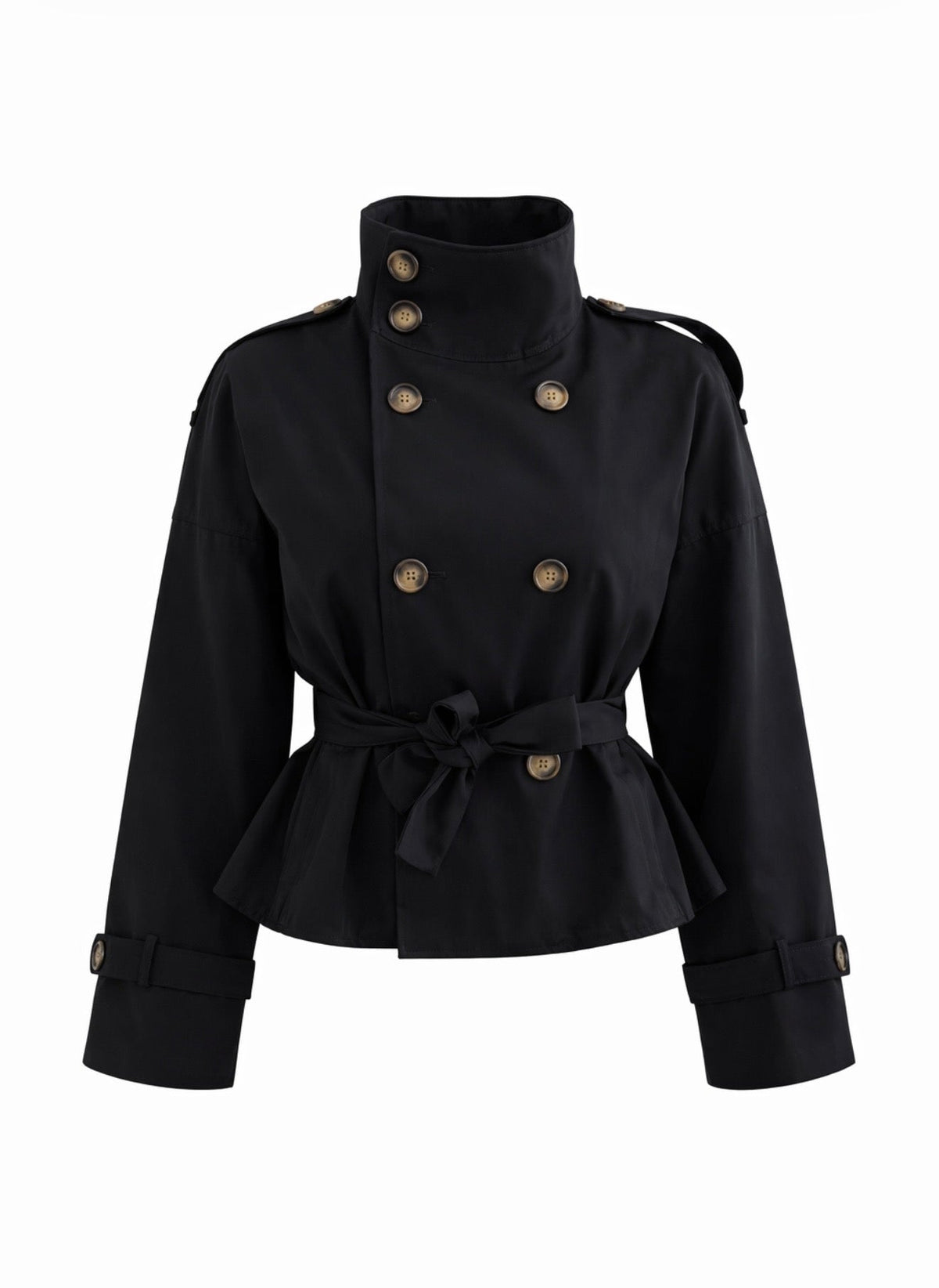 Women's black cropped trench jacket with high collar, buttons and tie belt