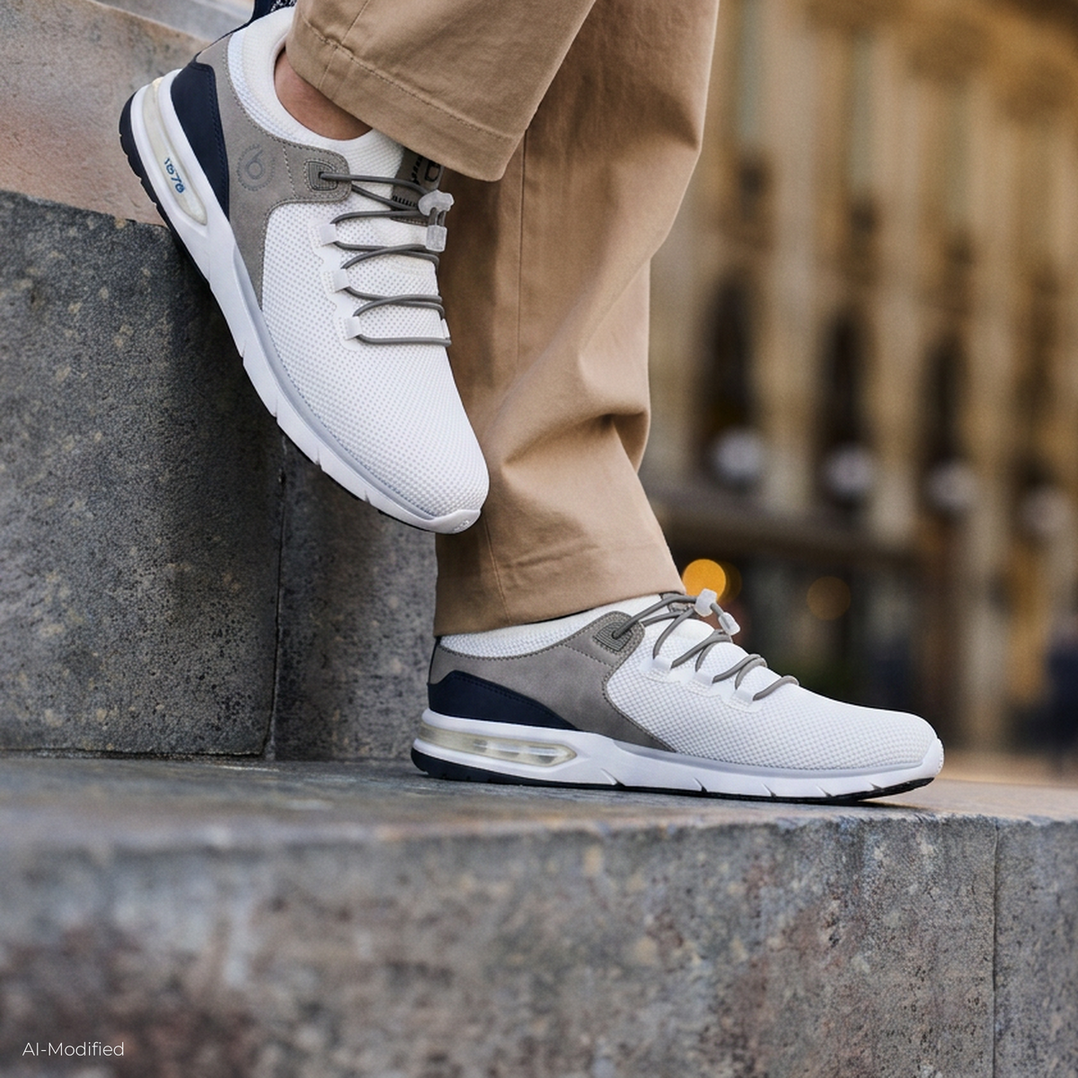 White lace-up trainers with grey panels and navy heel section