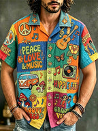 Men's short sleeve patchwork shirt with colourful music and peace artwork