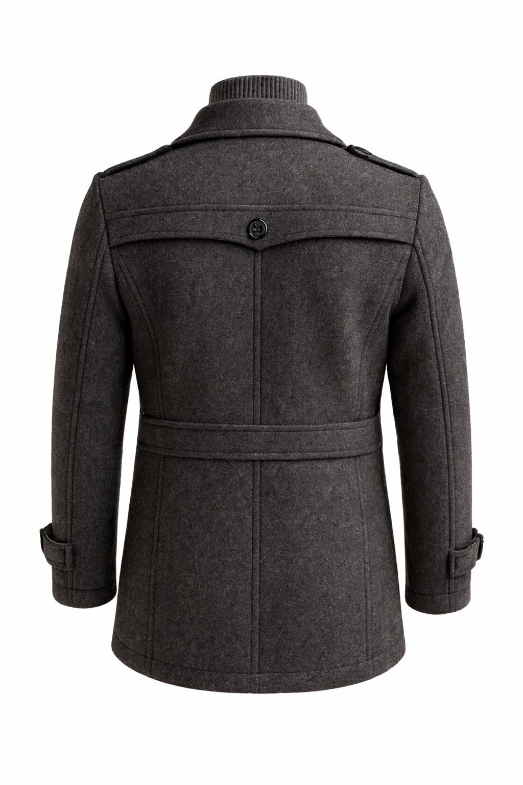 Men's textured long overcoat with high collar, lapels, button pockets and zip fastening