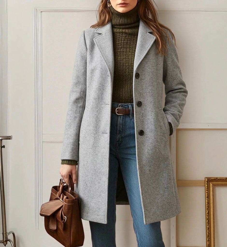 Women's long tailored coat with notched lapels, button front and side pockets