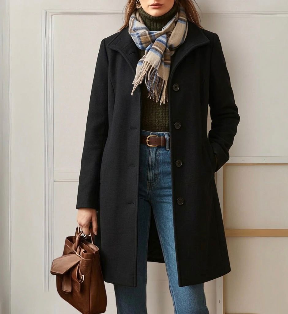 Women's long tailored coat with notched lapels, button front and side pockets